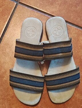 Women’s Majorca Double-Band Slide Sandals in Blue and Tan